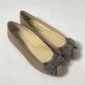 Jessica Simpson Nude/Gray Suede Sparkle Bow Tie Ballet Flats Size 8M
